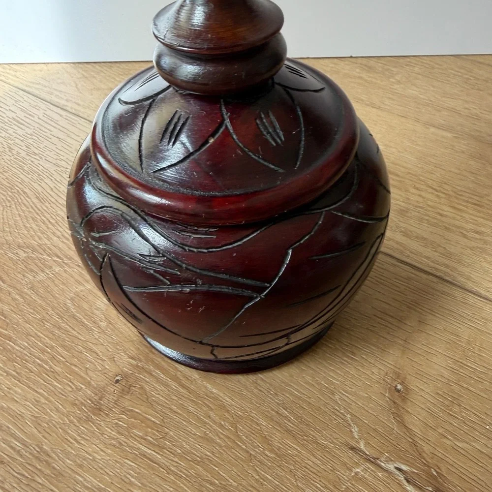 Vintage Hand Carved Wooden Jar with Lid Floral Etched Decorative Vessel Brown